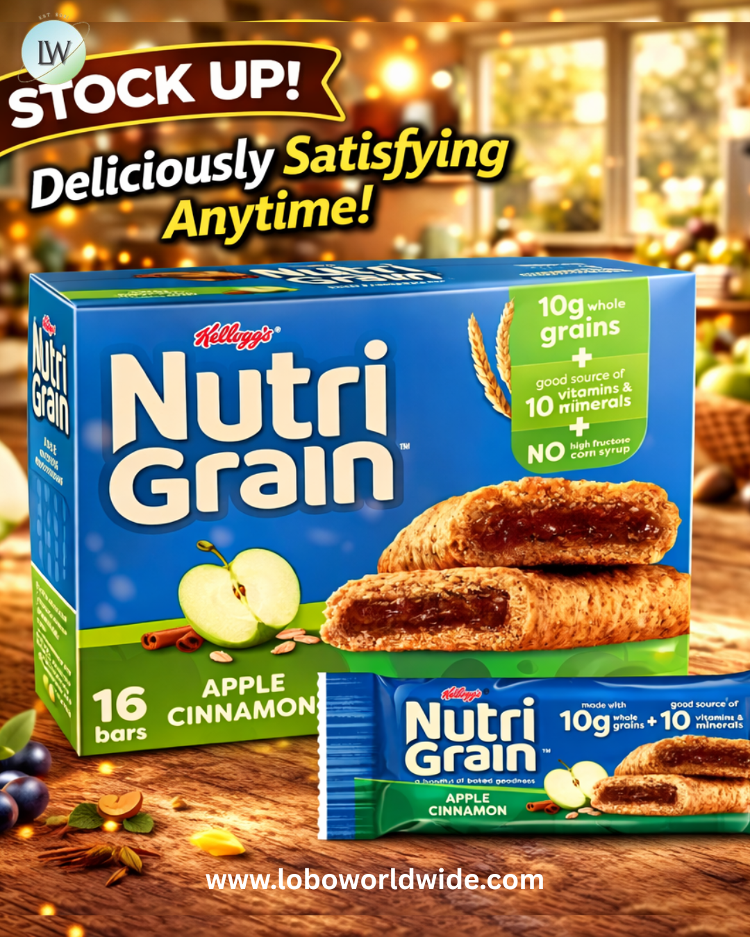 Kellogg's Nutri-Grain Apple Cinnamon Chewy Breakfast Bars, Made with 10g Whole Grains, 20.8 oz, 16 Count
