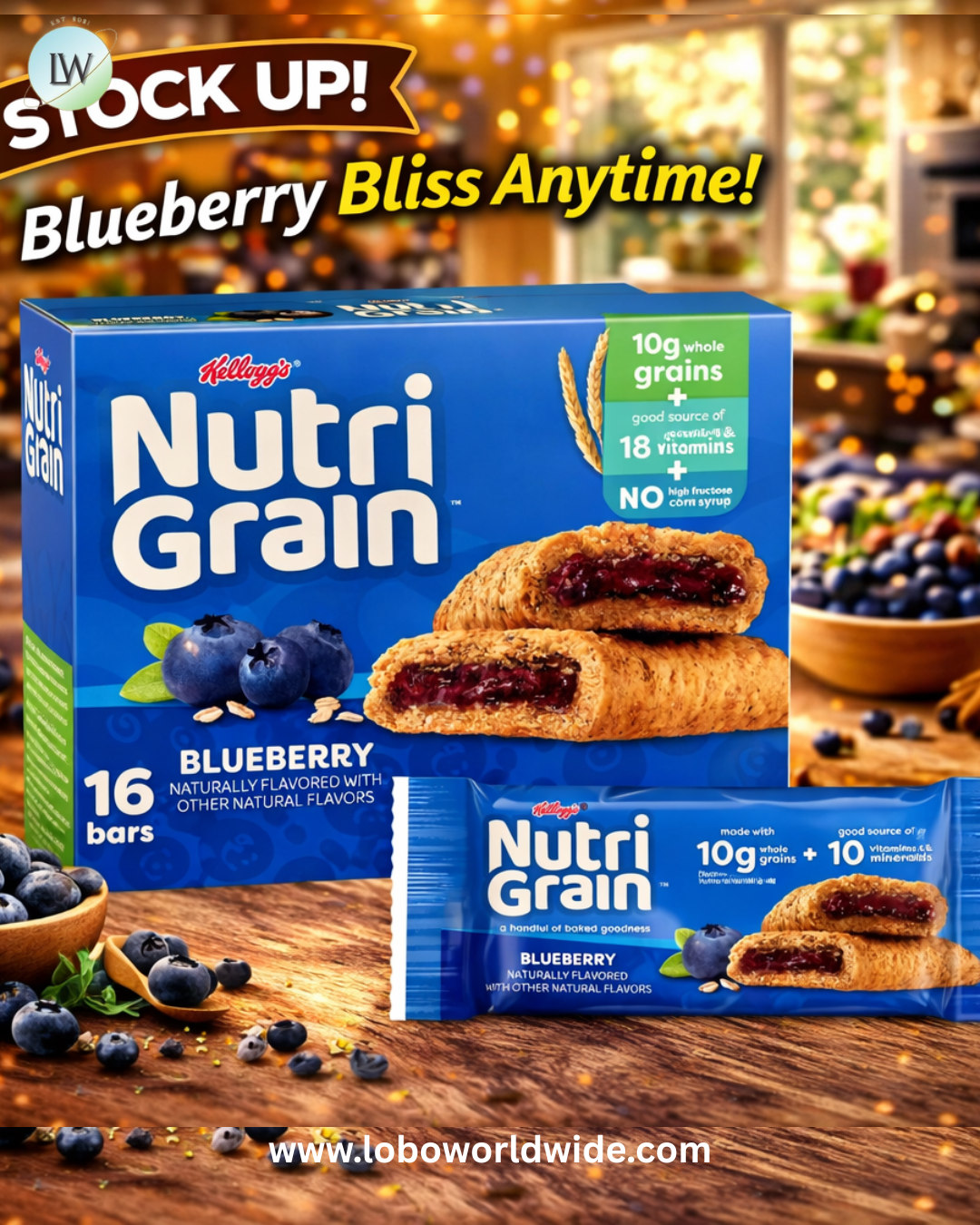 Nutri-Grain Blueberry Chewy Breakfast Bars, Made with 10g Kellogg's Whole Grains, 20.8 oz, 16 Count