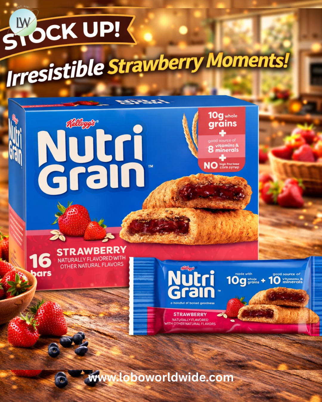 Kellogg's Nutri-Grain Strawberry Chewy Breakfast Bars, Made with 10g Whole Grains, 20.8 oz, 16 Count