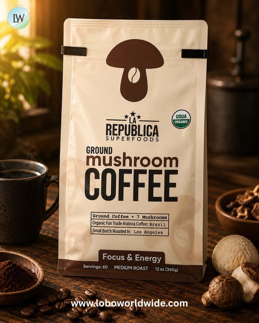 La Republica, Ground Mushroom Coffee, Medium Roast, 12 oz (340 g)