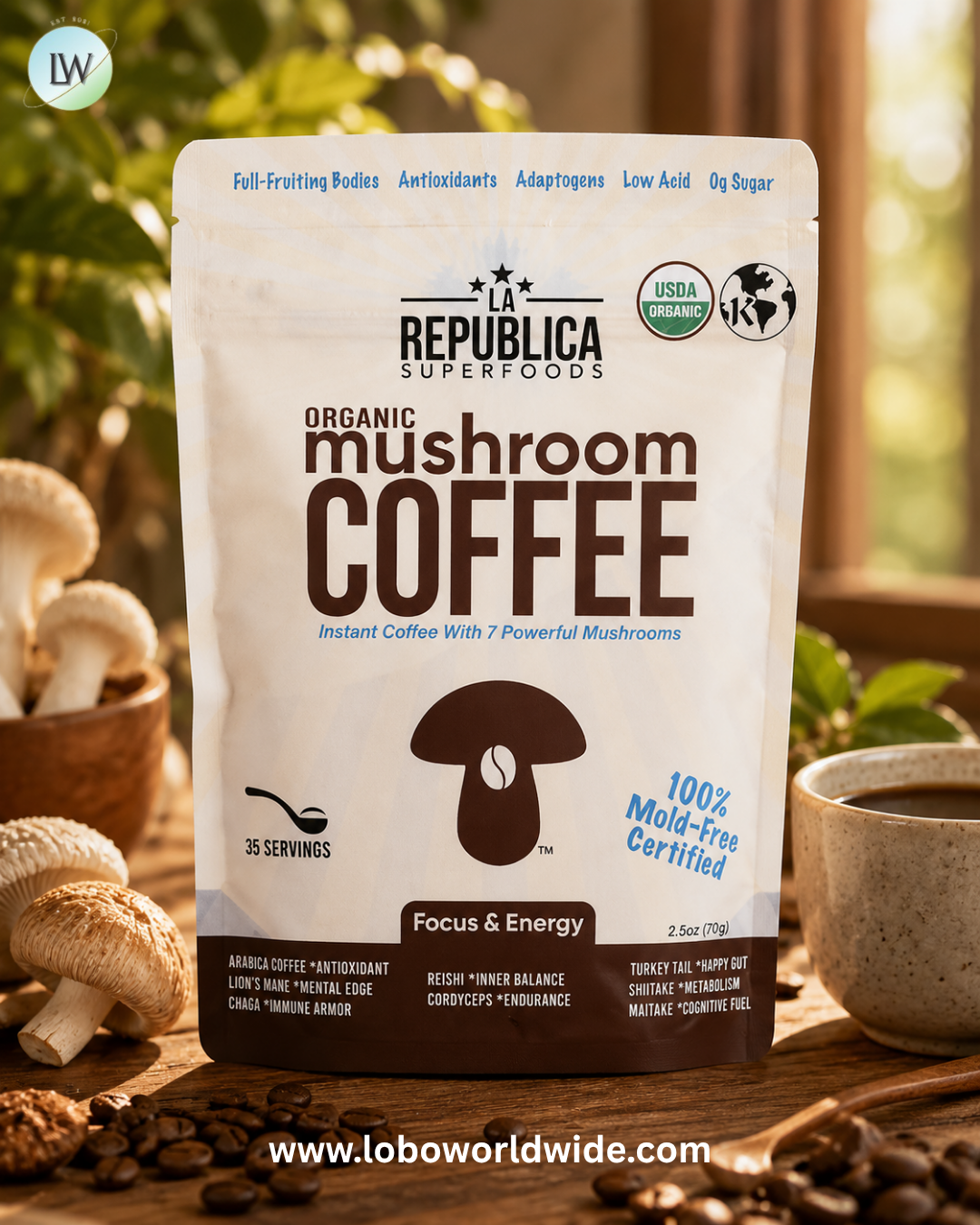 La Republica, Organic Mushroom Coffee, Instant Coffee With 7 Mushrooms