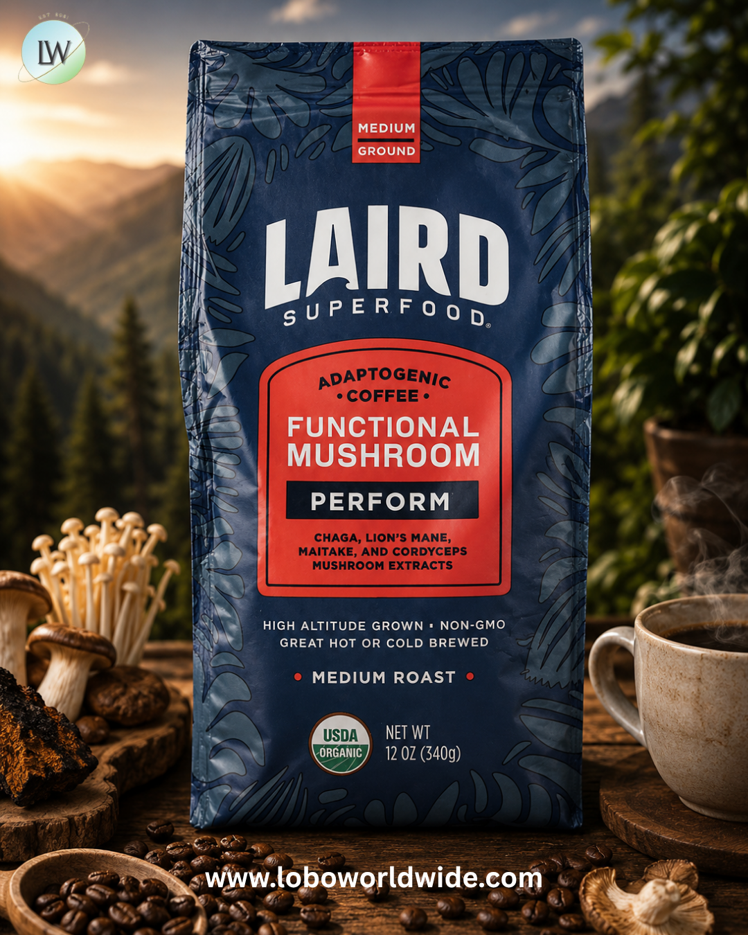 Laird Superfood, Functional Mushroom Coffee, Perform, Ground, Medium Roast, 12 oz (340 g)