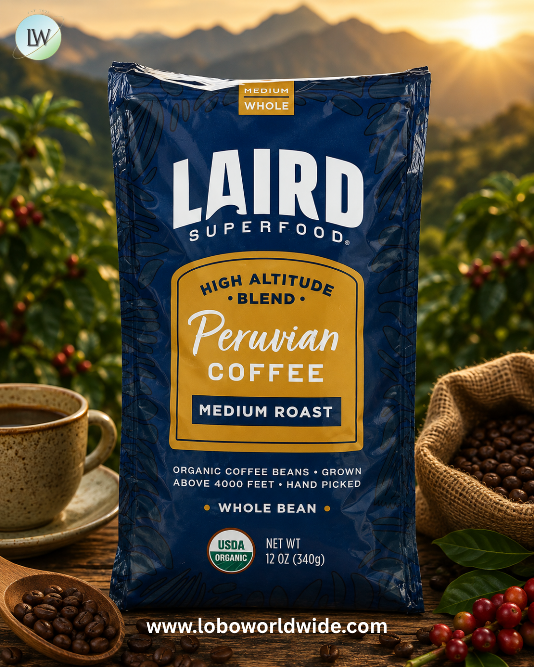 Laird Superfood, Peruvian Coffee, Whole Bean, Medium Roast, 12 oz (340 g)