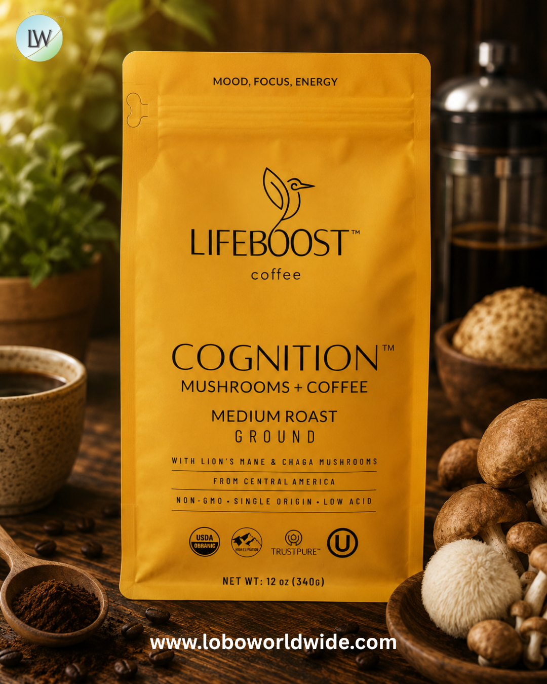 Lifeboost, Cognition™, Mushrooms + Coffee, Ground, Medium Roast, 12 oz (340 g)