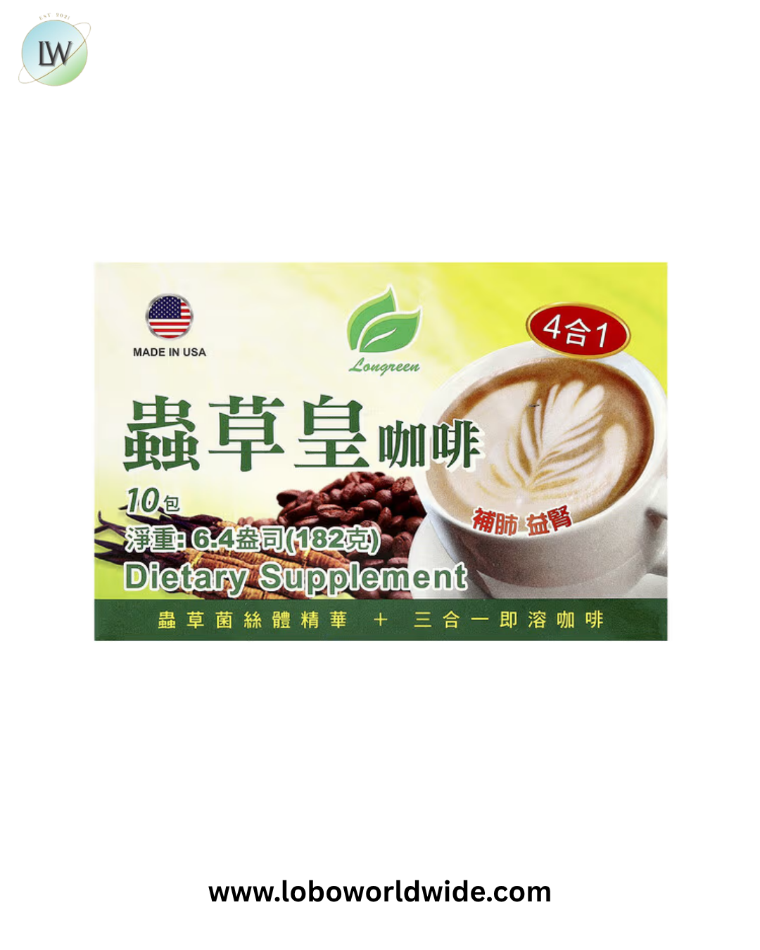 Longreen, 4 in 1 Cordyceps Coffee, 10 Sachets, 6.4 oz (182 g)