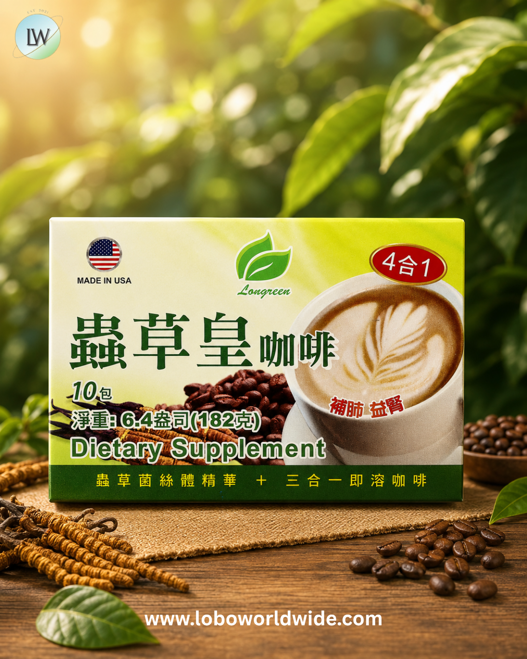 Longreen, 4 in 1 Cordyceps Coffee, 10 Sachets, 6.4 oz (182 g)
