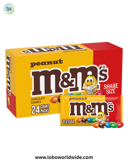 M&M'S Peanut Milk Chocolate Candy, Share Size, 3.27 oz., 24 pk.