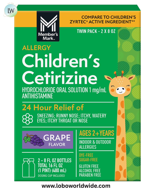 Member's Mark Children's Cetirizine Hydrochloride All Day Allergy Oral Solution, Grape Flavored, 8 fl. oz., 2 pk.