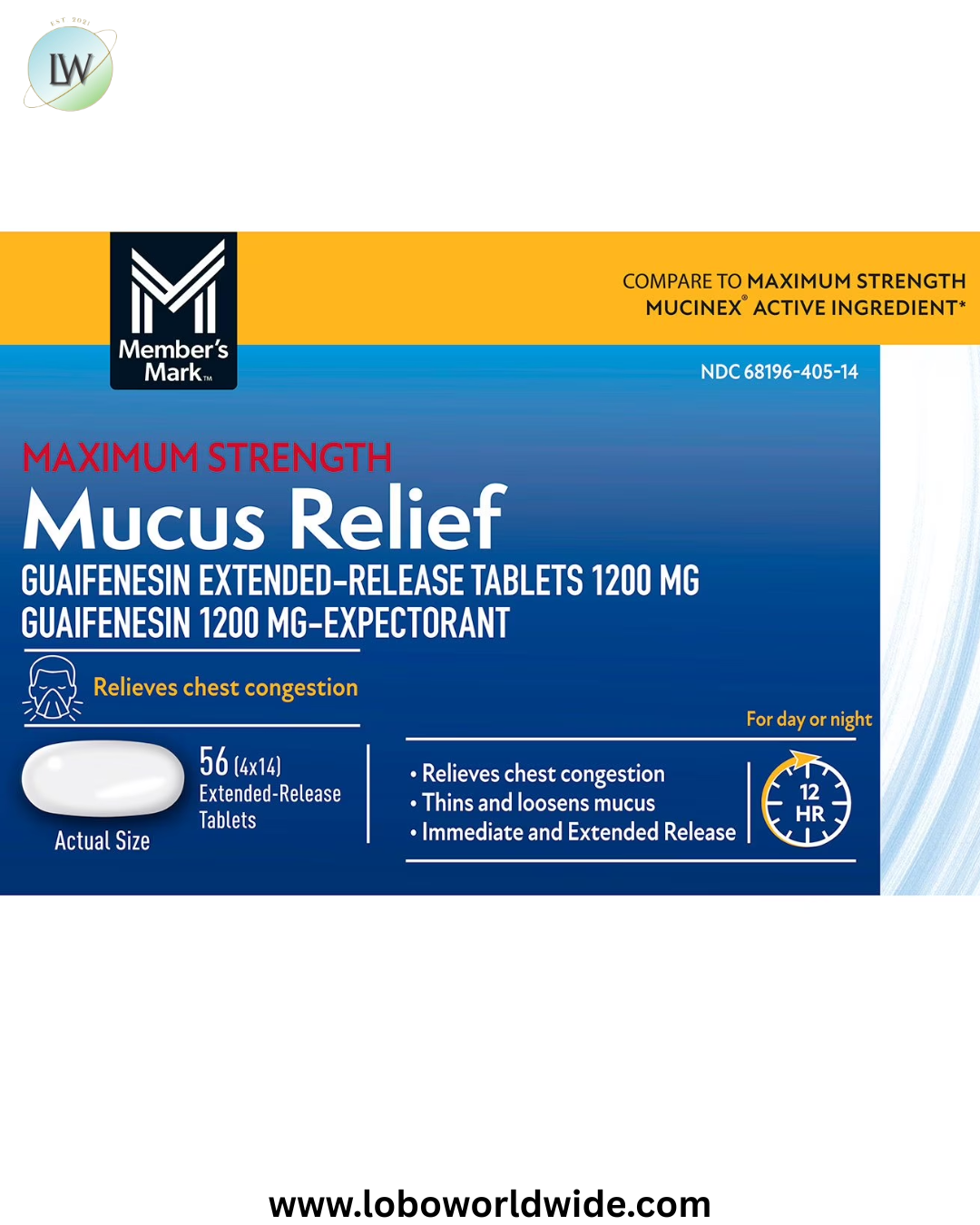 Member's Mark Max Strength Mucus Relief Guaifenesin Tablets, 1200 mg, 56 ct.