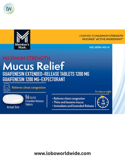 Member's Mark Max Strength Mucus Relief Guaifenesin Tablets, 1200 mg, 56 ct.