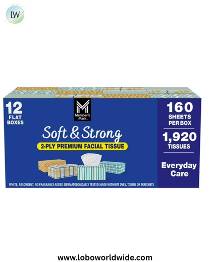 Member’s Mark Soft & Strong 2-Ply Premium Facial Tissues 12 Flat Boxes, 160 tissues/box