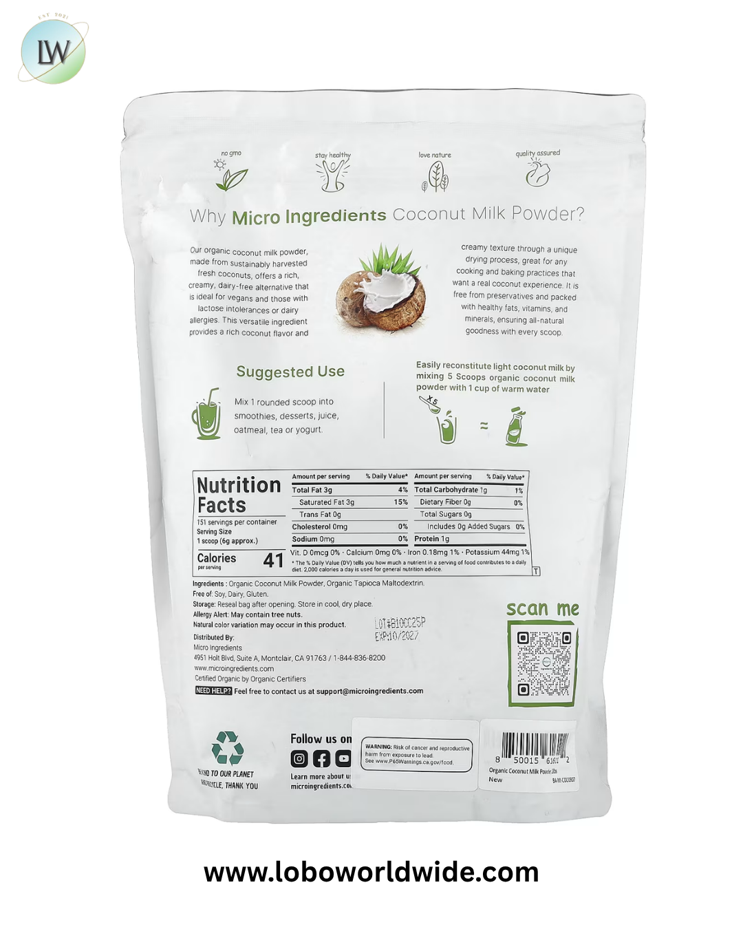 Micro Ingredients, Organic Coconut Milk Powder, 2 lb (907 g)