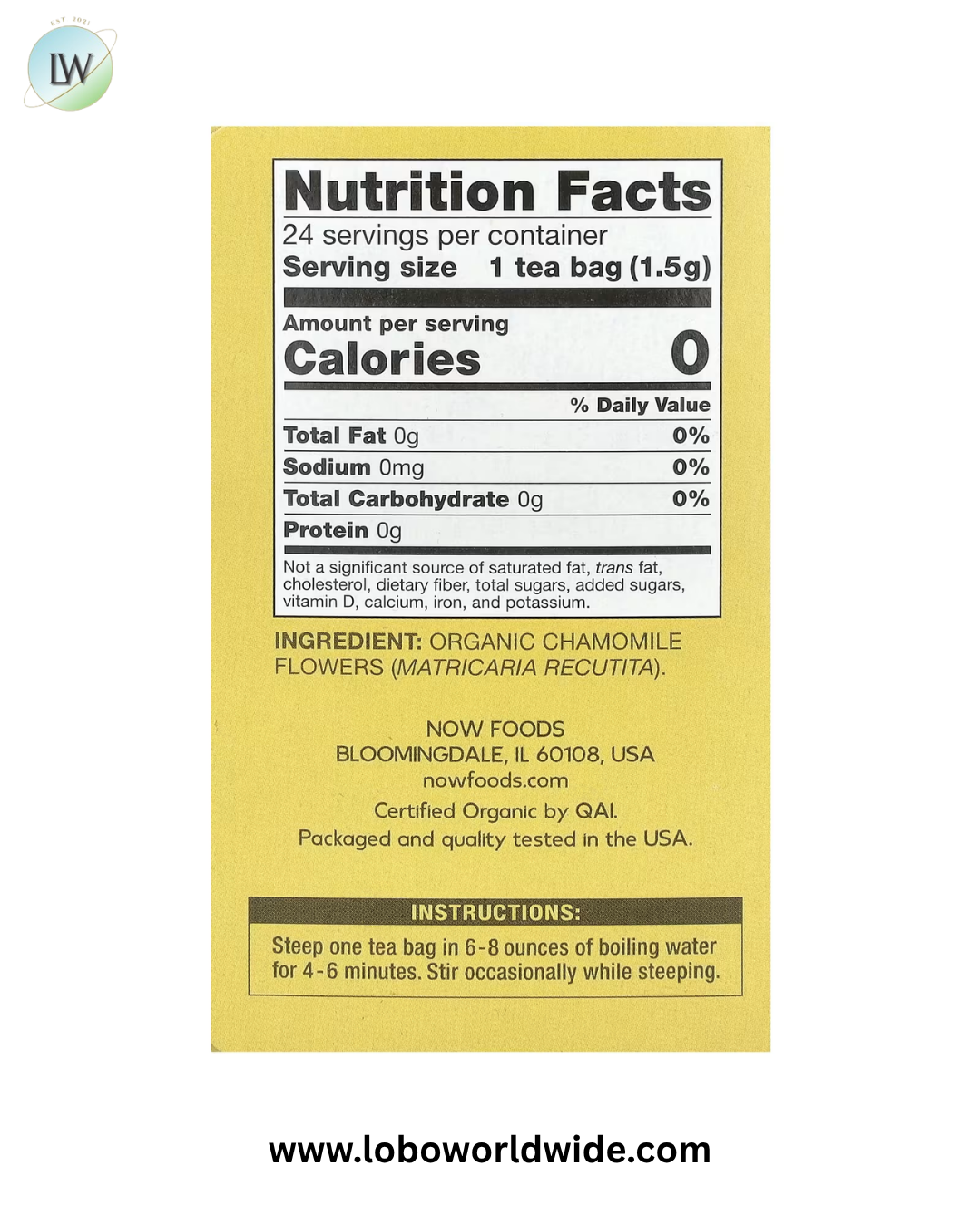 NOW Foods, Organic Chamomile Tea, Caffeine Free, 24 Tea Bags, 1.27 oz (36 g)