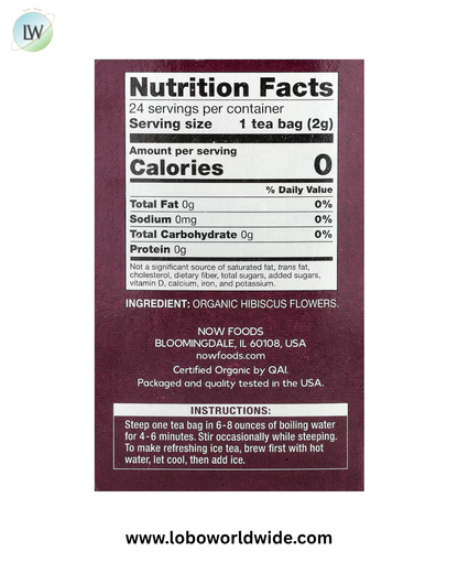 NOW Foods, Organic Hibiscus Tea, Caffeine Free, 24 Tea Bags, 1.7 oz (48 g)