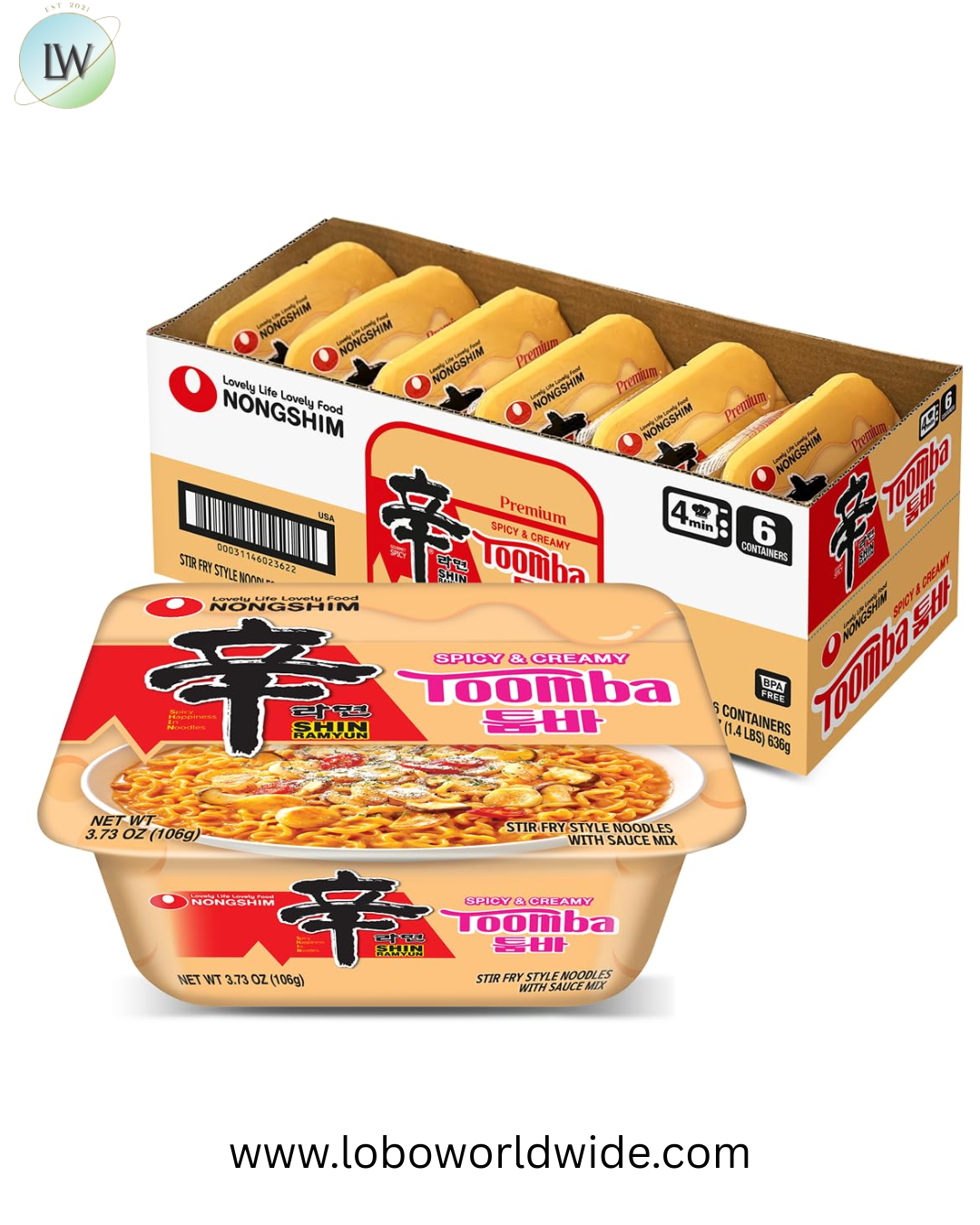 Nongshim Shin Ramyun Toomba Noodles Square Bowl, Creamy Korean Mac and Cheese Style Noodles, Gentle Kick of Spice, Korean Stir Fry Style Instant Noodles, Microwaveable, 3.73 oz (Pack of 6)