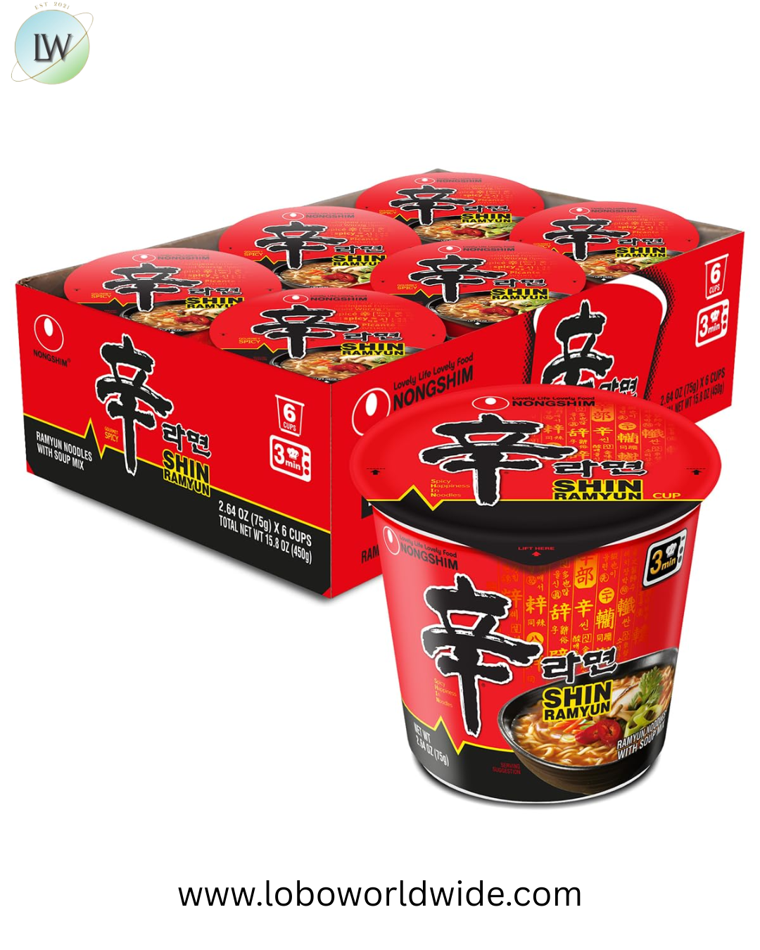 Nongshim Shin Ramyun Cup of Noodles, Spicy Signature Korean Instant Ramyun, Rich Beef Flavored Broth, Quick and Easy, Microwaveable Cup, 2.64 oz (Pack of 6)