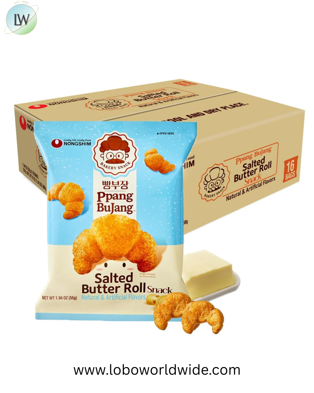 Nongshim Ppang Bujang Roll Snack - Savory and Salty Baked Good with Salted Butter, Croissant Shaped, Soft and Crunchy Korean Snack, 1.94 oz (Pack of 16)