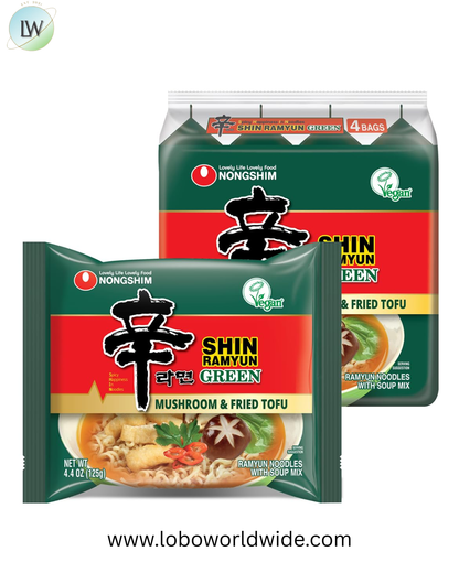Nongshim Shin Ramyun Green Noodles, Vegan Spicy Korean Instant Ramyun, Mushroom & Fried Tofu Flavor, Bold Veggie Flavored Broth, Quick & Easy, Pantry Essential, Microwaveable, 4.4 oz (Pack of 4)