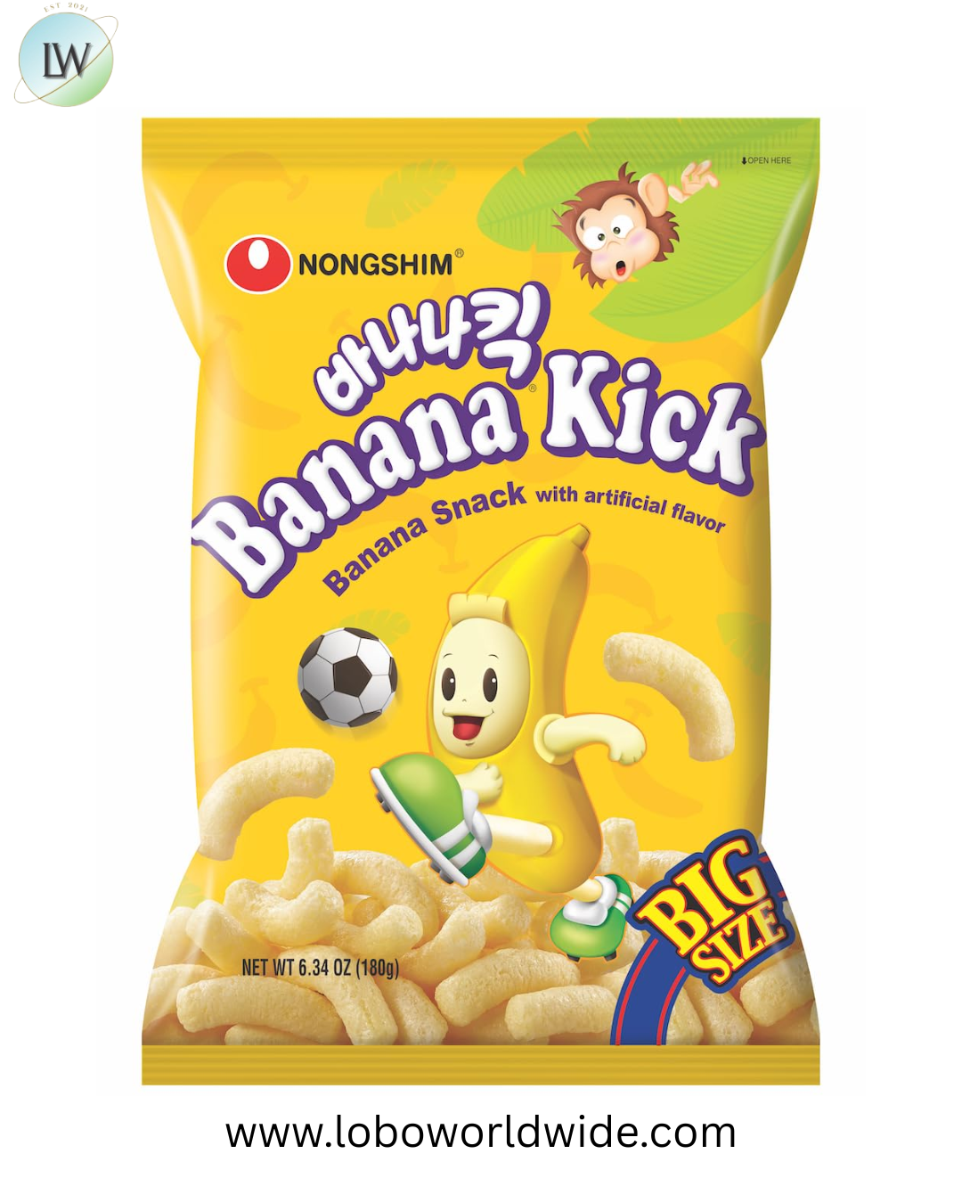 Nongshim Banana Kick Big Bag, Sweet and Crunchy Banana Flavored Corn Puff Snack, 6.34 oz