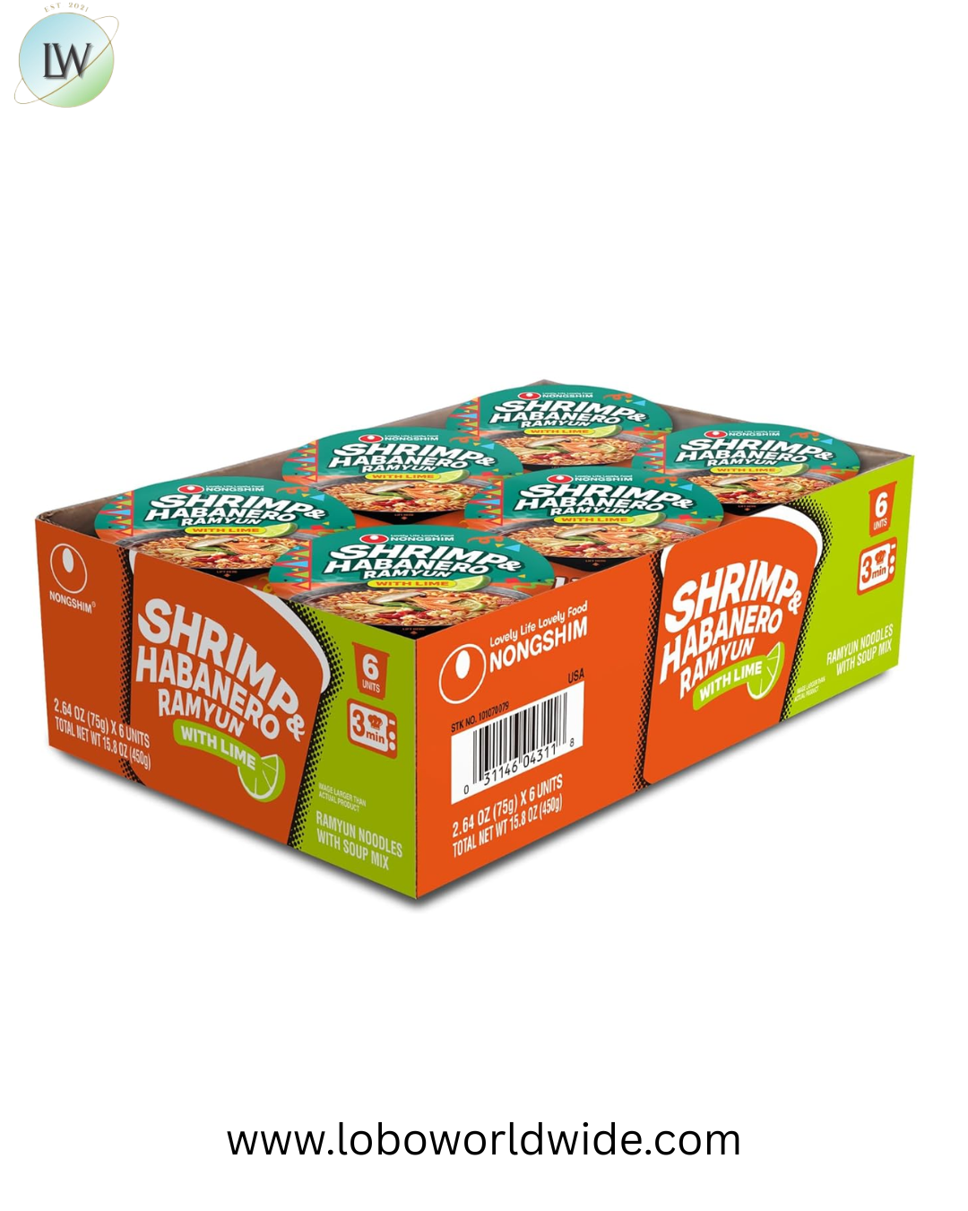 Nongshim Shimp & Habanero with Lime, Instant Noodle Cup, Microwavable, 2.64 oz (Pack of 6)