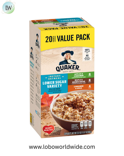 Quaker Instant Oatmeal, Lower Sugar Variety Pack, 1.16 oz, 20 Packets
