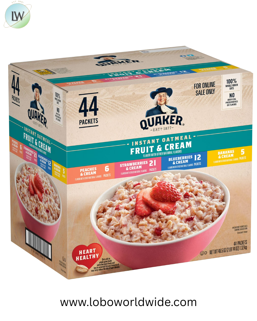 Quaker Instant Oatmeal, Fruit & Cream, 4 Flavor Variety Pack, 44 Packets