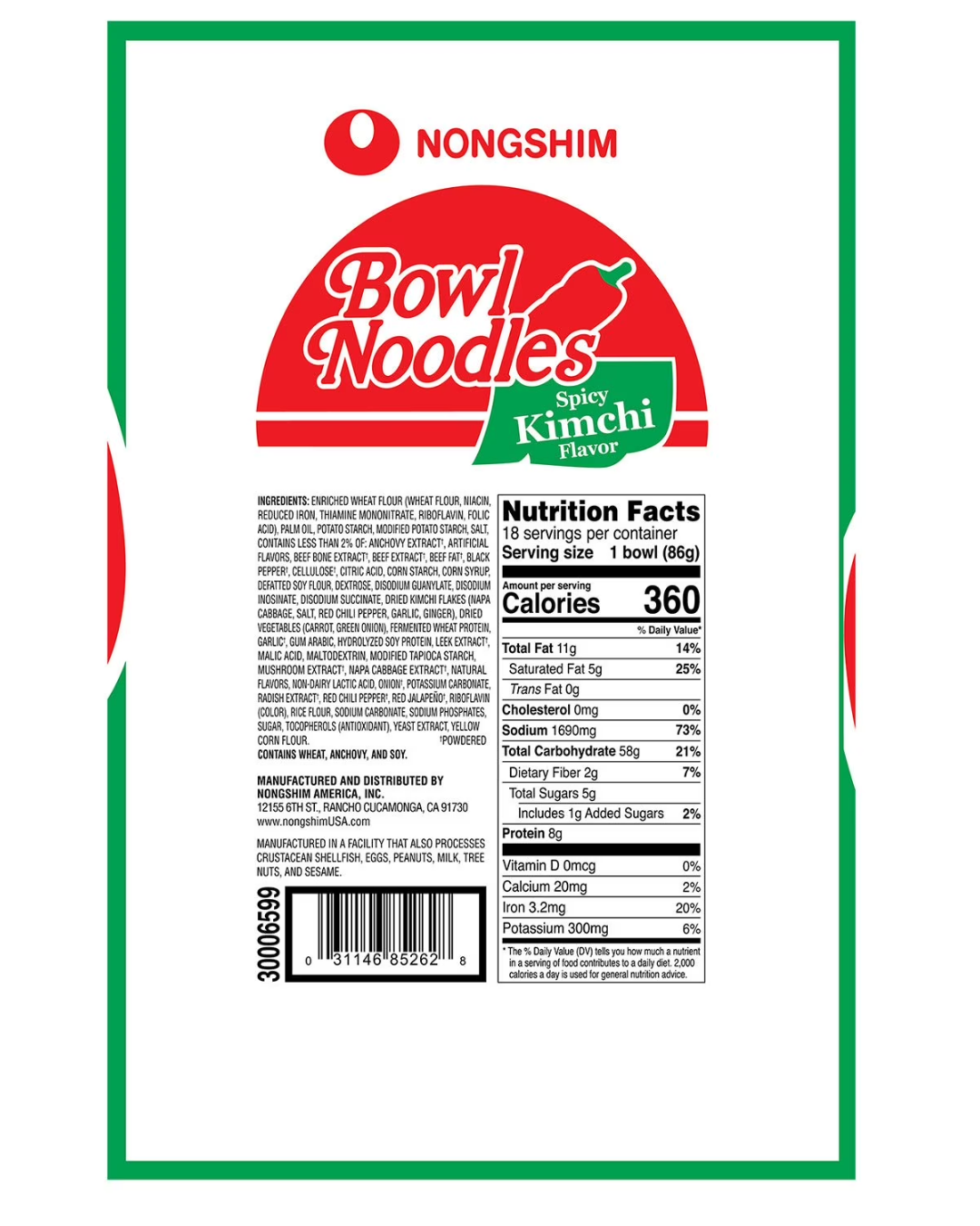 Nongshim Spicy Kimchi Ramen Noodle Soup Bowl 3.03 oz., 18 ct.