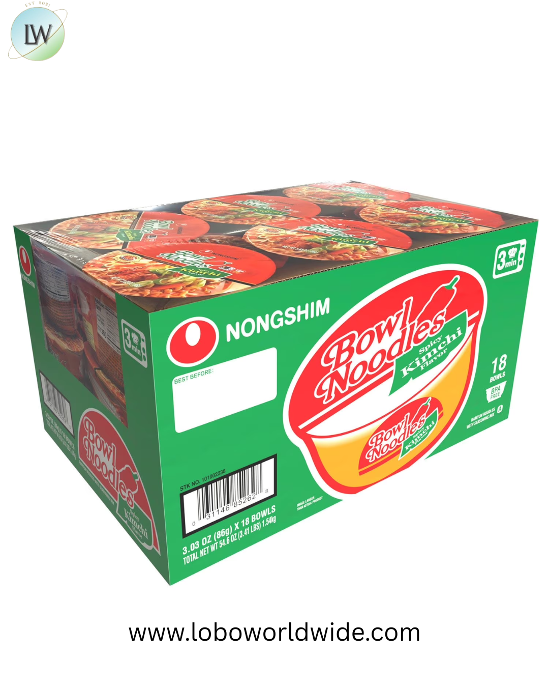 Nongshim Spicy Kimchi Ramen Noodle Soup Bowl 3.03 oz., 18 ct.