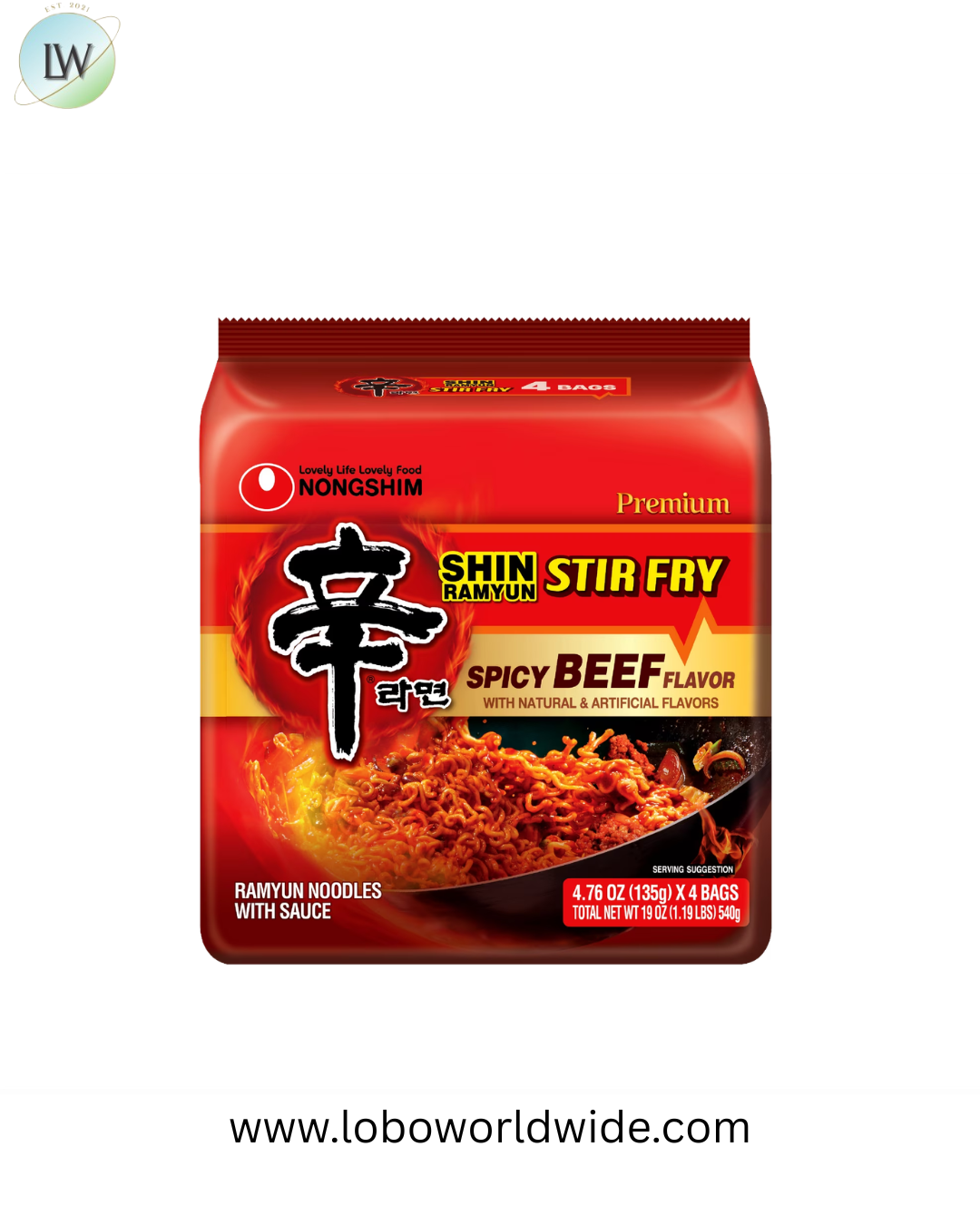 Nongshim Shin Stir Fry Spicy Beef Ramen Noodle Pack, 4.65oz x 4 Count, Shelf-Stable