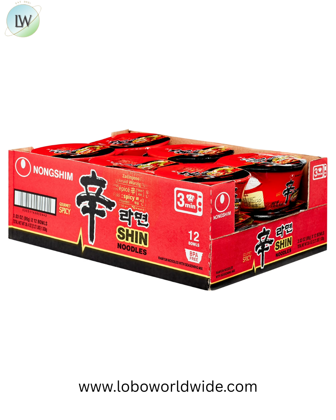 Nongshim Shin Ramyun Spicy Beef Ramen Noodle Soup Bowl, 3.03oz X 12 Count, Shelf-Stable