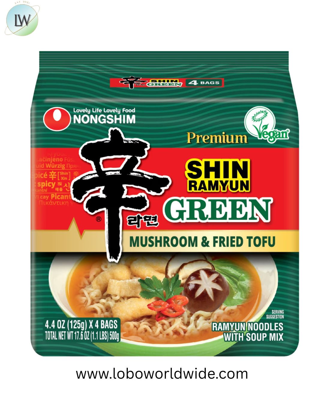 Nongshim Shin Ramyun Green Ramen Noodle Soup Pack, 4.4oz x 4 Count, Shelf-Stable