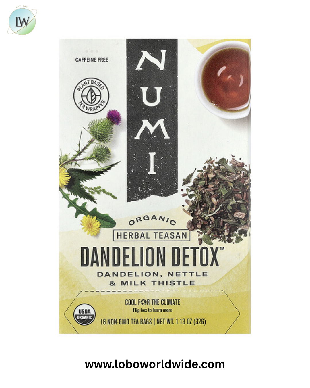 Numi Tea, Organic Dandelion Detox™, Caffeine Free, 16 Non-GMO Tea Bags, 1.13 oz (32 g)