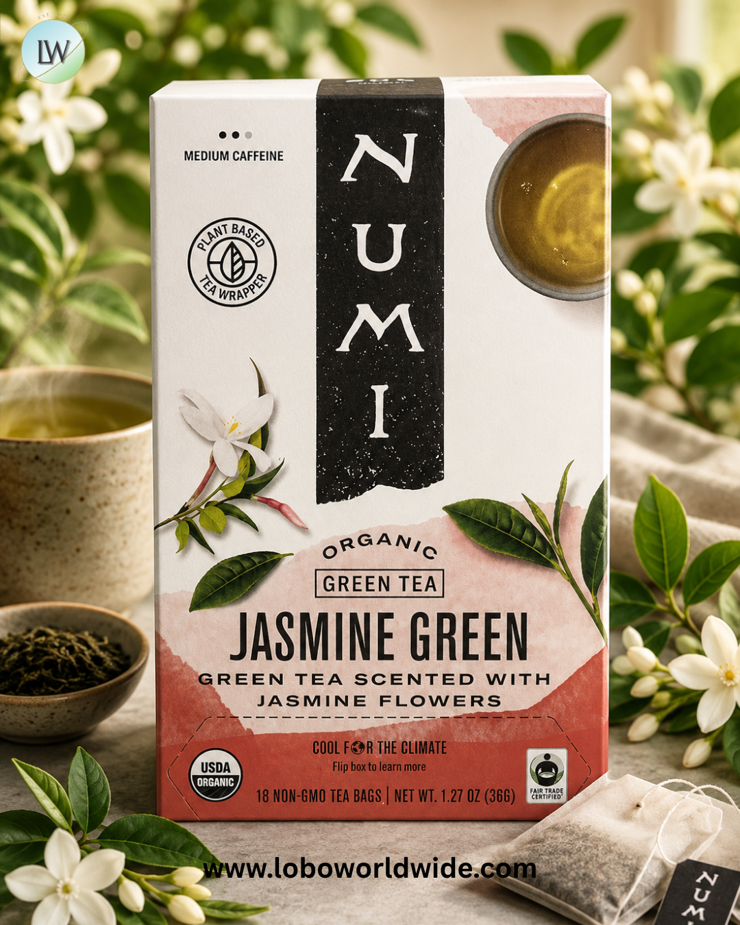 Numi Tea, Organic Green Tea, Jasmine Green, 18 Tea Bags, 1.27 oz (36 g)