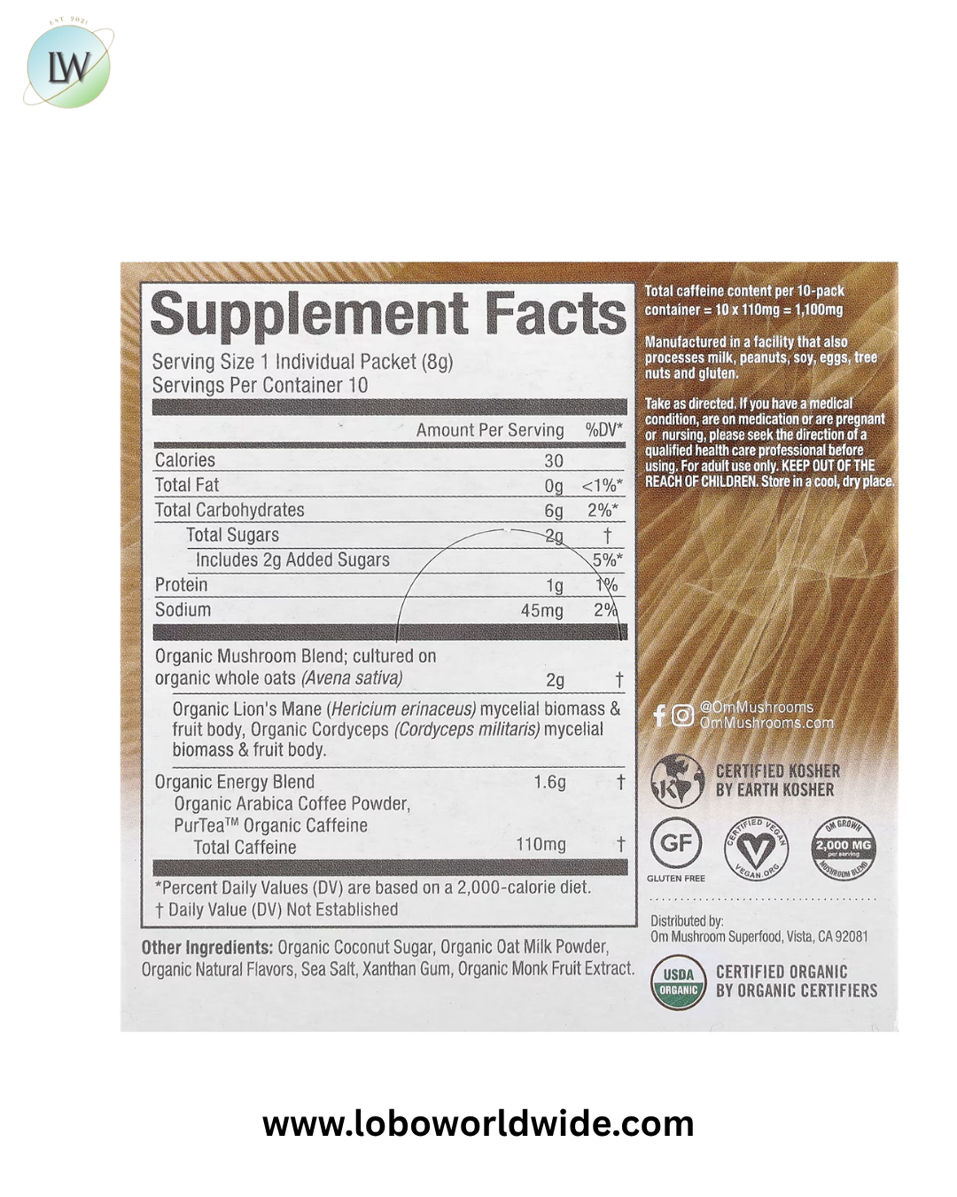 Om Mushrooms, Superfood Mushroom Blend, Coffee Latte, 10 Packets, 0.28 oz (8 g) Each