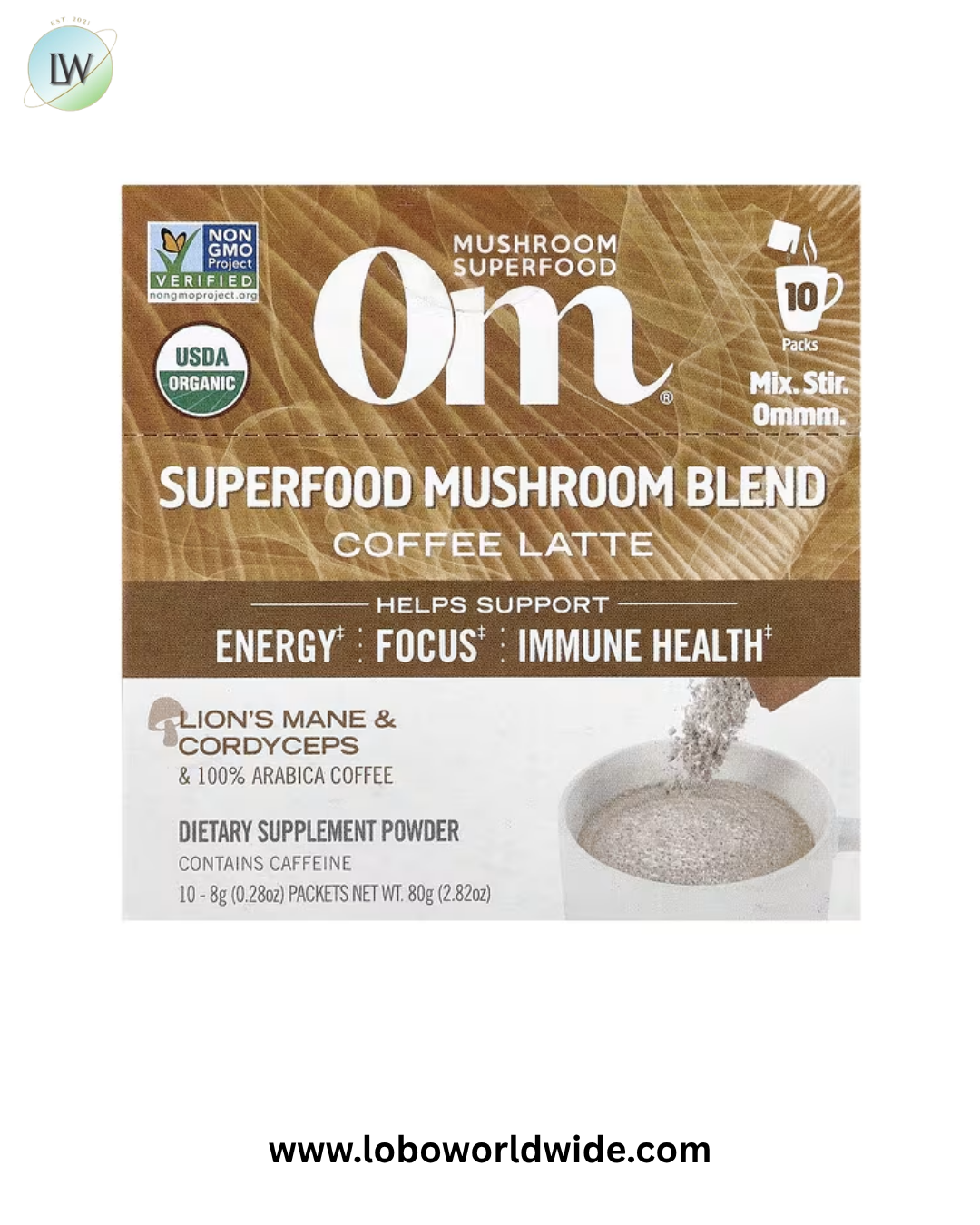 Om Mushrooms, Superfood Mushroom Blend, Coffee Latte, 10 Packets, 0.28 oz (8 g) Each