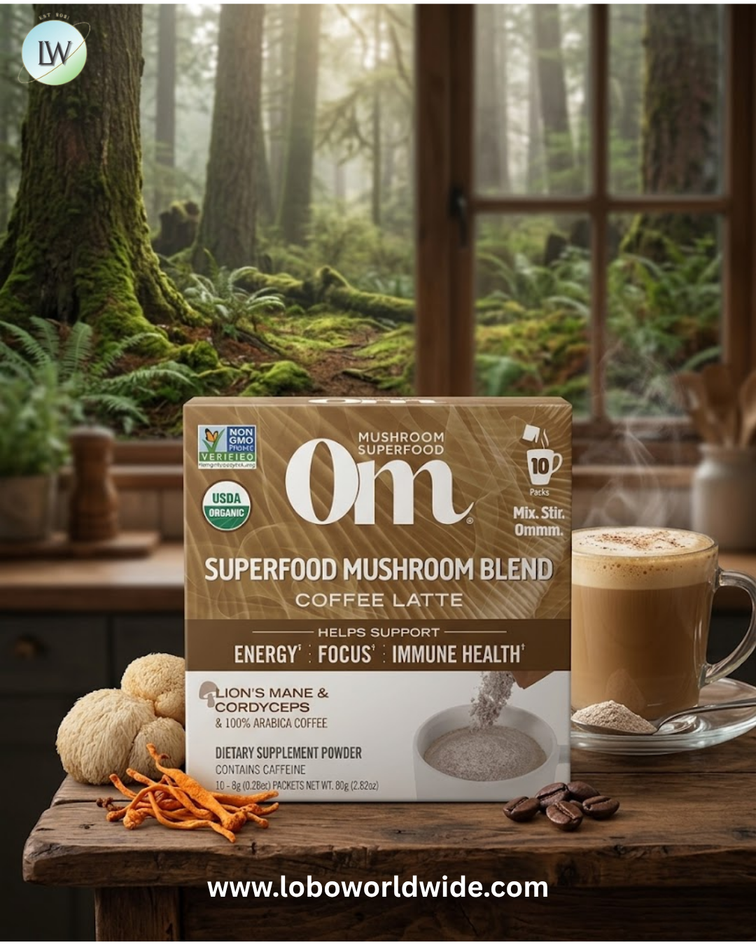 Om Mushrooms, Superfood Mushroom Blend, Coffee Latte, 10 Packets, 0.28 oz (8 g) Each