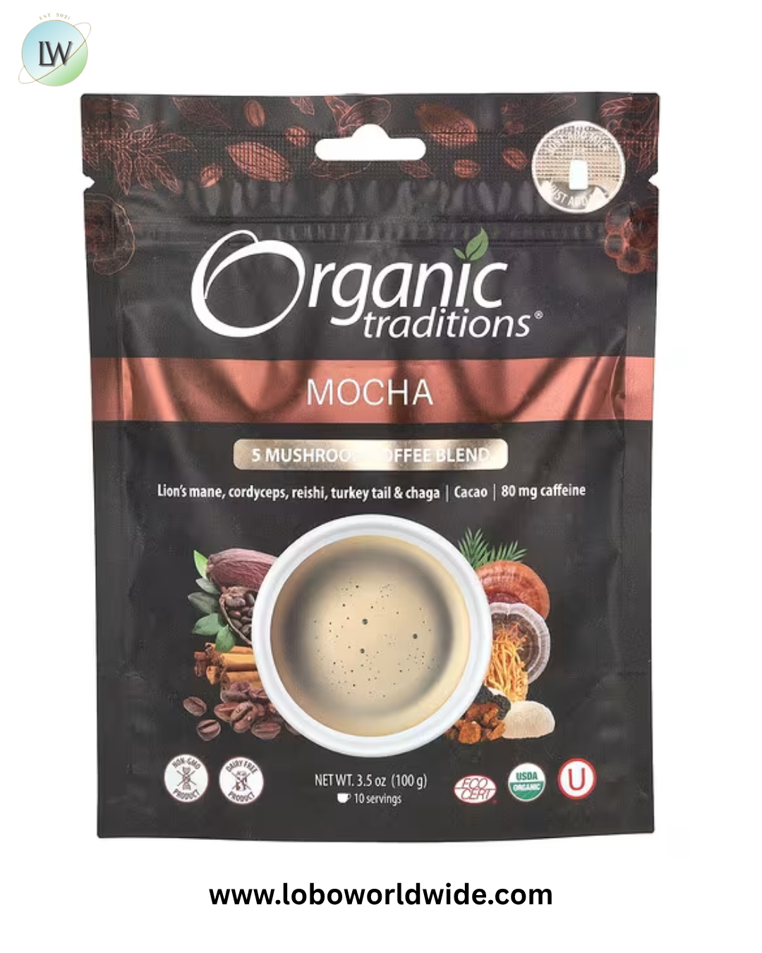 Organic Traditions, 5 Mushroom Coffee Blend, Mocha, 3.5 oz (100 g)