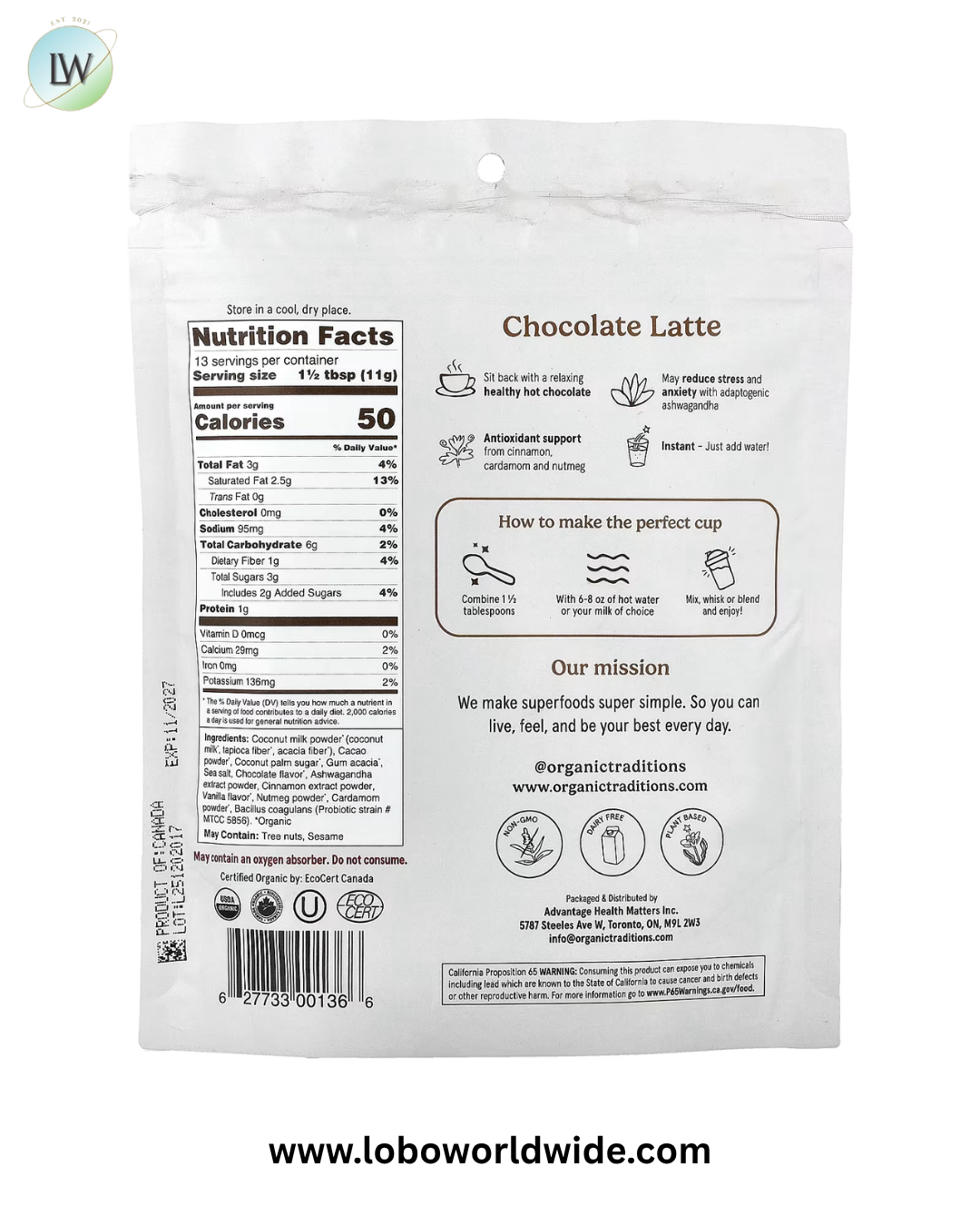 Organic Traditions, Superfoods, Chocolate Latte, 5.3 oz (150 g)