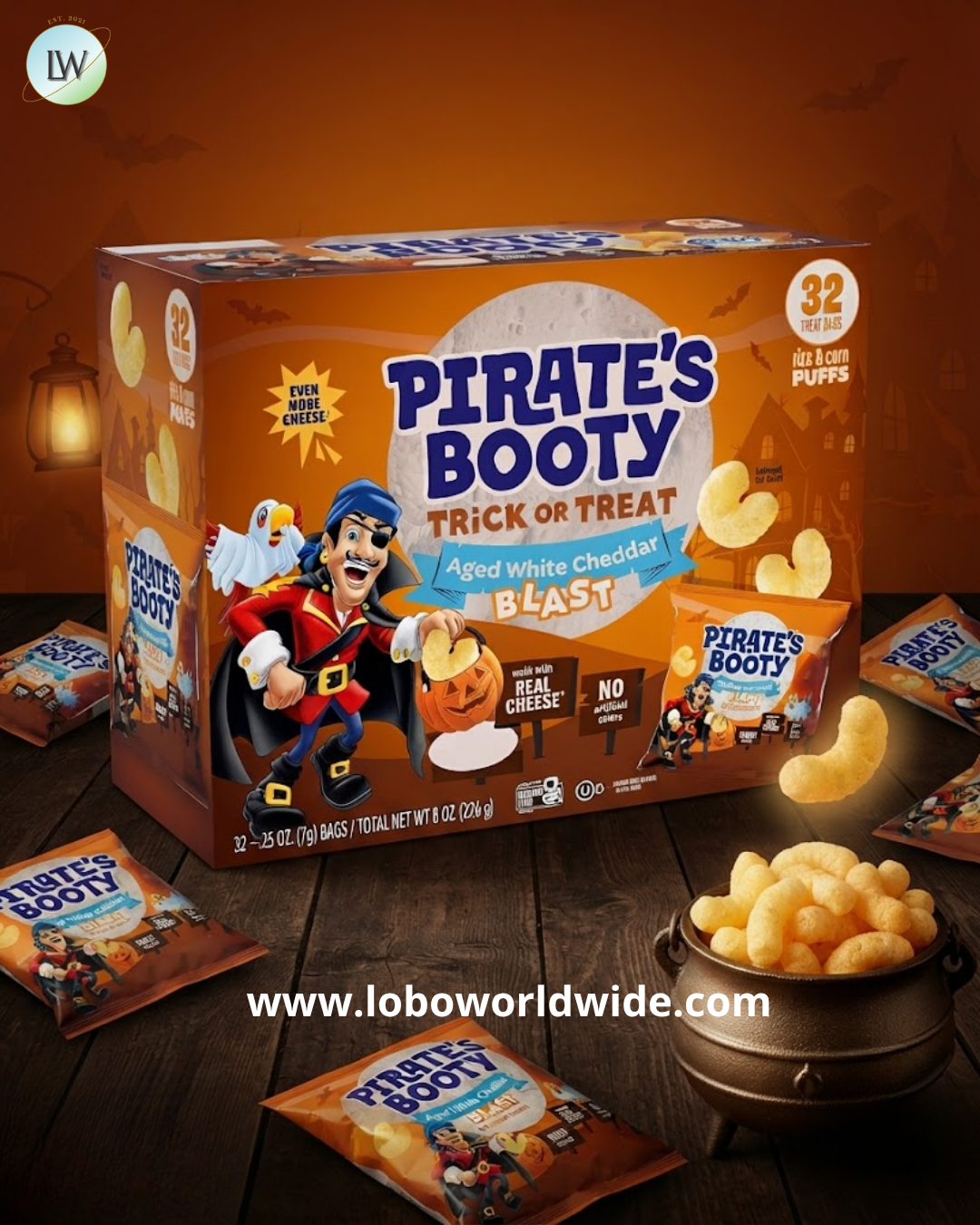 Pirate's Booty Halloween Snack Puffs, Aged White Cheddar Cheese, 0.25 oz, 32 ct.