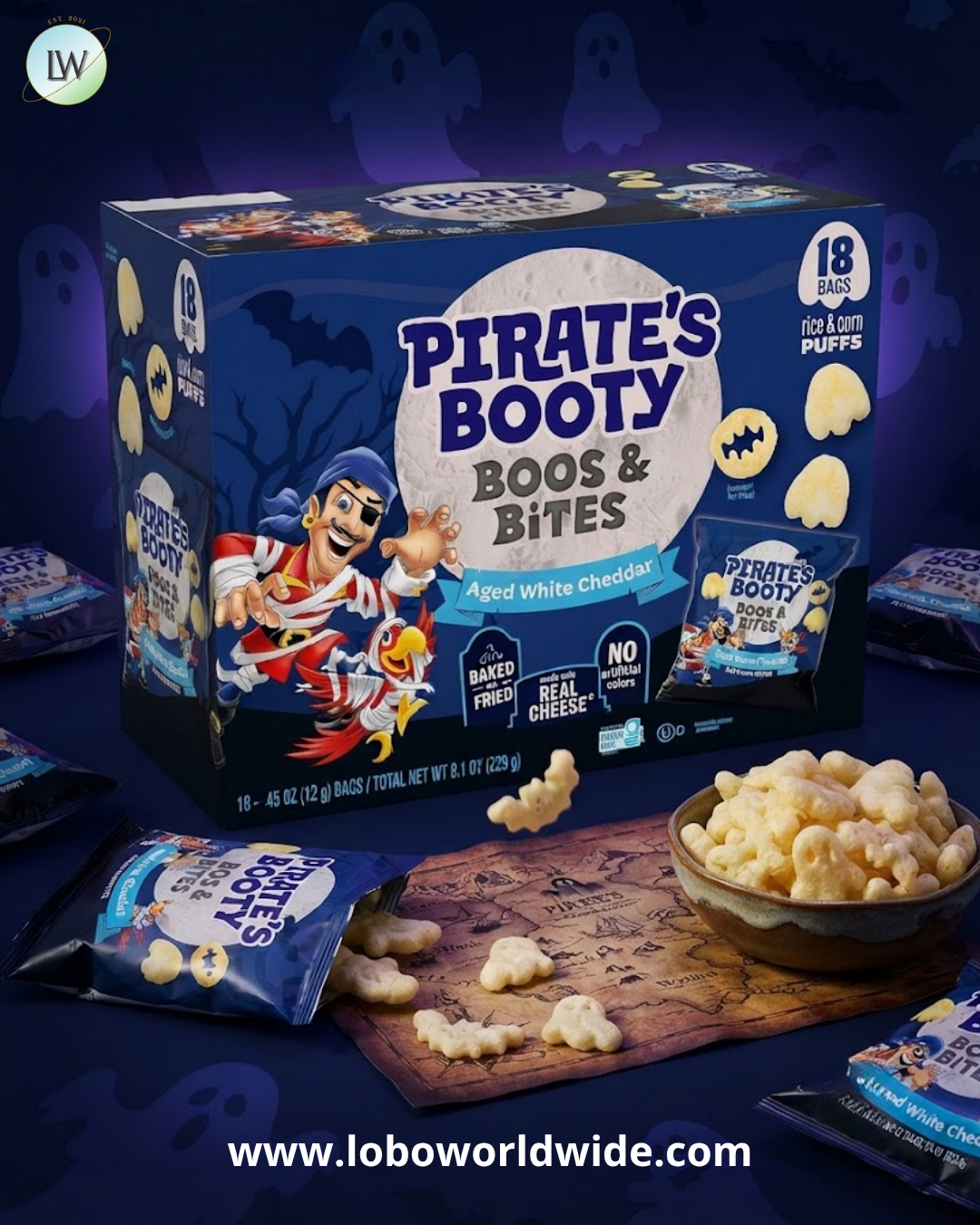Pirate's Booty Halloween Snack Puffs, Boos & Bites Cheddar Cheese, 0.45 oz, 18 ct.