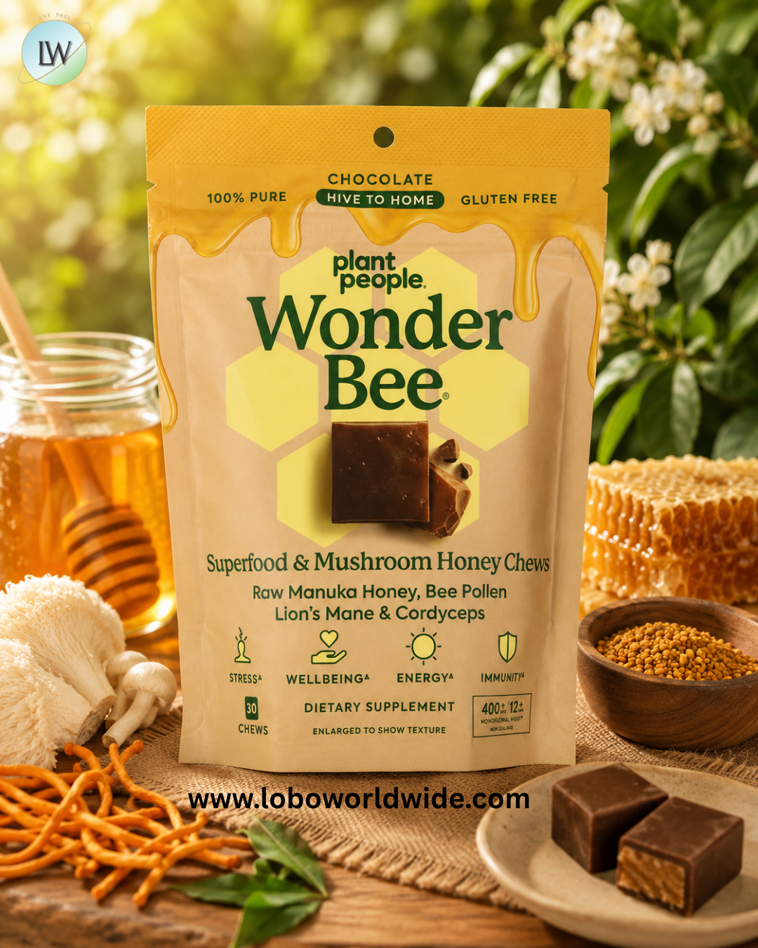 Plant People, WonderBee®, Superfood & Mushroom Honey Chews, Chocolate, 30 Chews