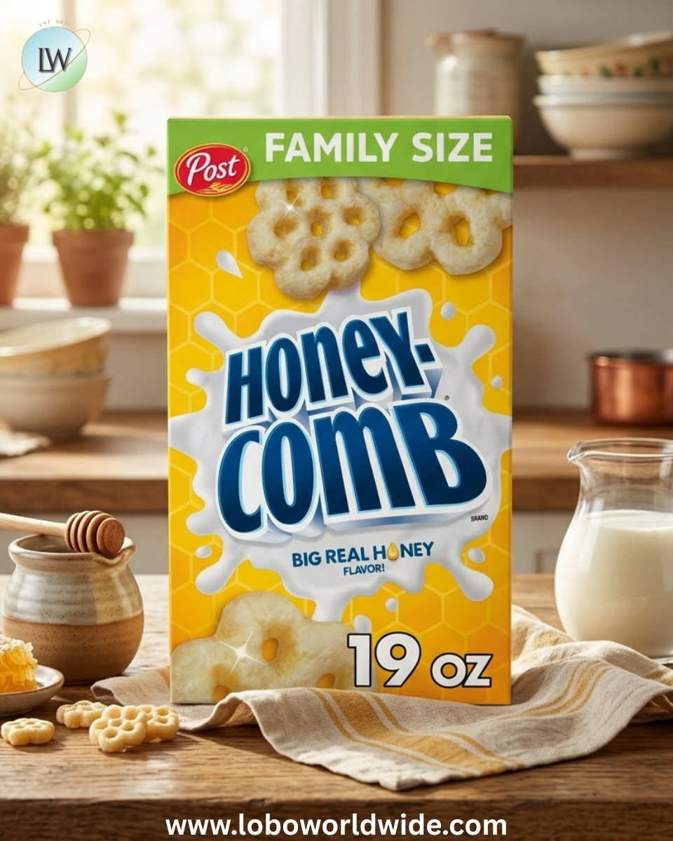 Post Honeycomb Cereal, Honey Flavored Crunchy Breakfast Cereal, 19oz Box