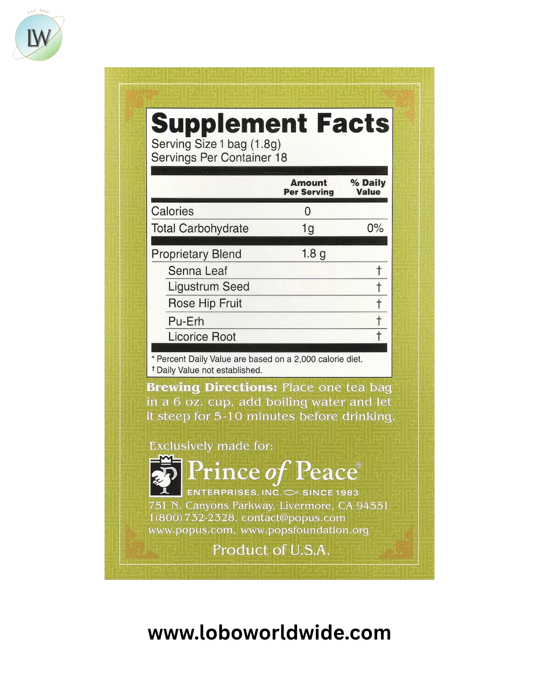 Prince of Peace, Herbal Tea, 18 Tea Bags, 1.14 oz (32.4 g)
