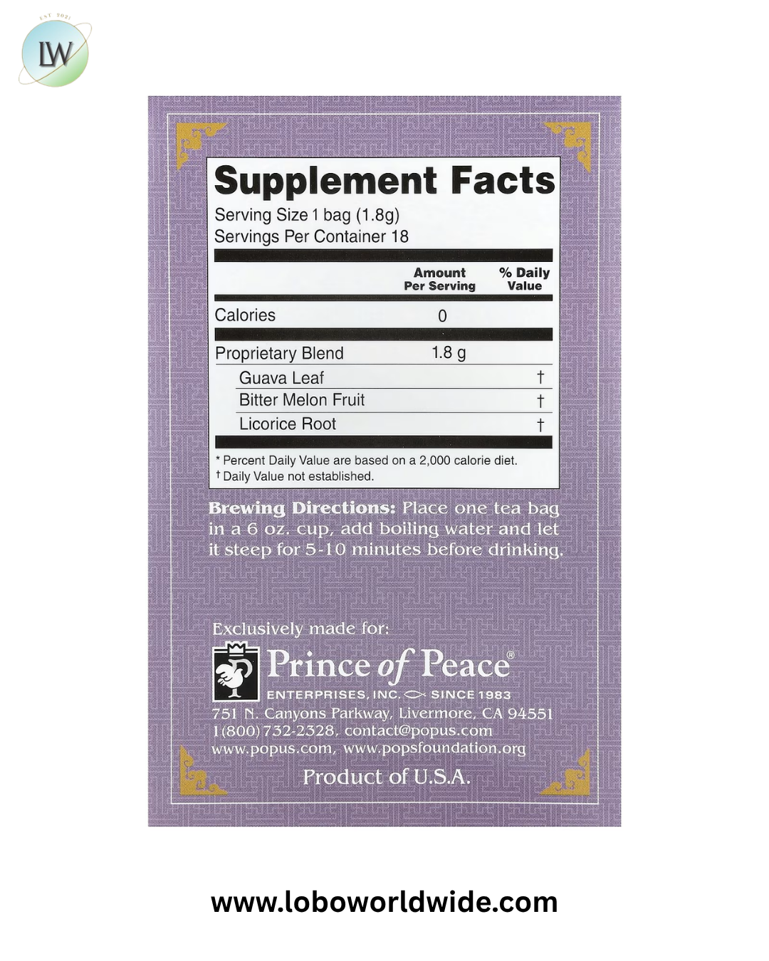 Prince of Peace, Herbal Tea, 18 Tea Bags, 1.14 oz (32.4 g)