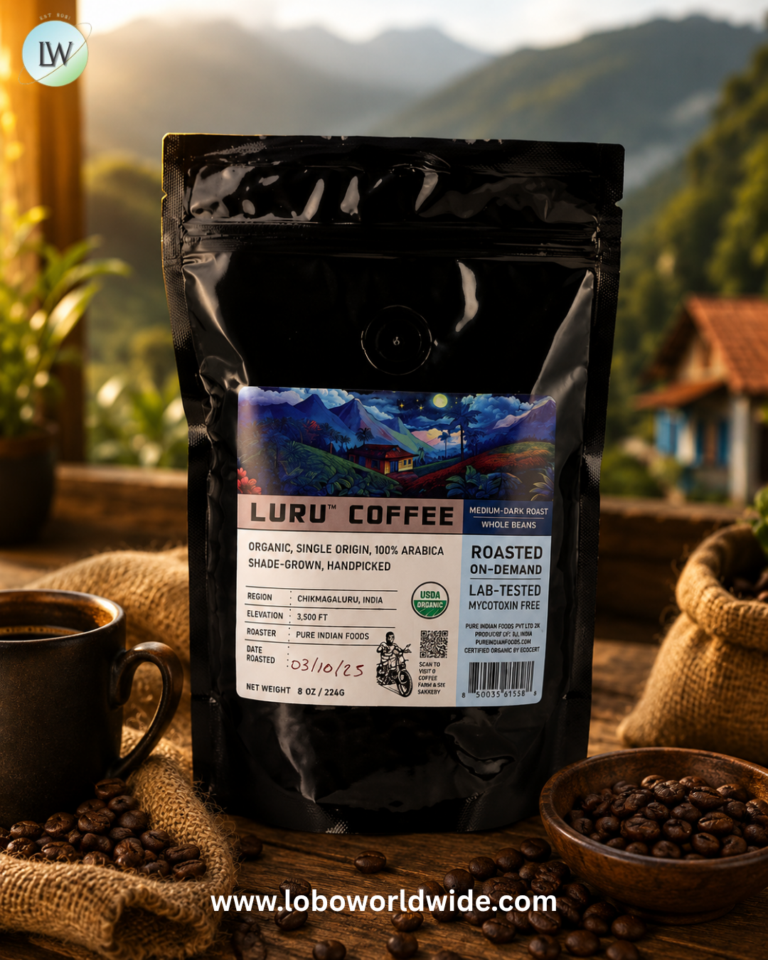 Pure Indian Foods, Luru™ Coffee, Whole Beans, Medium, 8 oz (226 g)