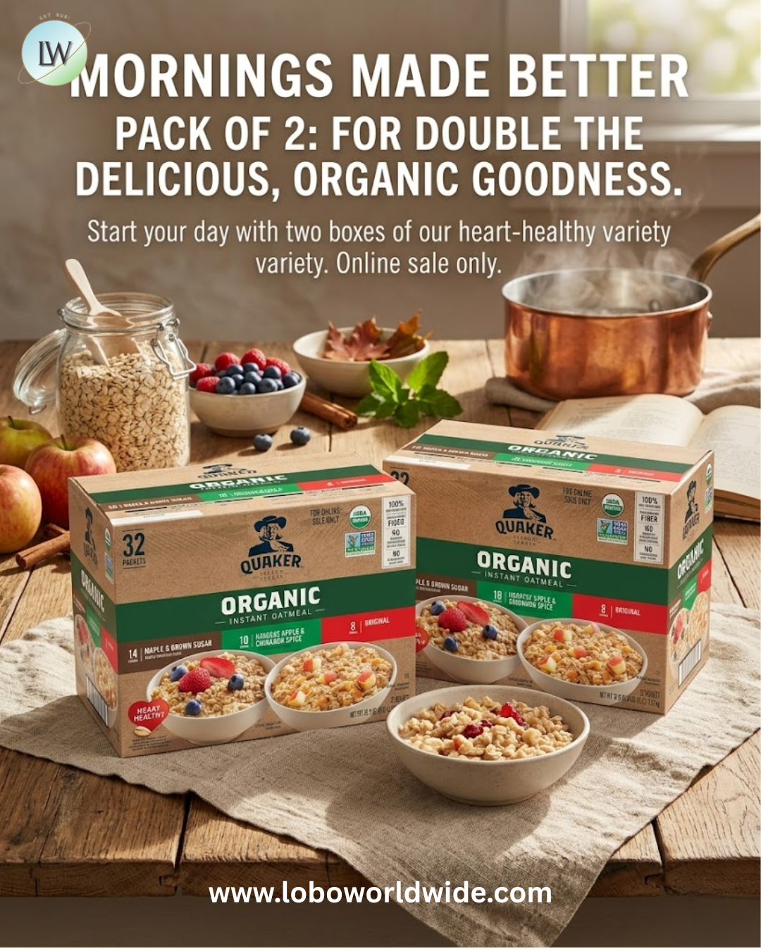 QUAKER Instant Oatmeal, USDA Organic, Non-GMO Project Verified, 3 Flavor Variety Pack, Individual Packets, 32 Count.