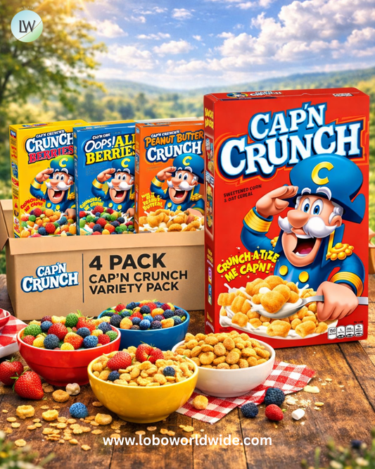 Quaker Cap'n Crunch Breakfast Cereal, 4 Flavor Variety Pack, (4 Pack), Sweetened Corn & Oat Cereal Original, Crunch Berries, Oops All Berries, Peanut Butter