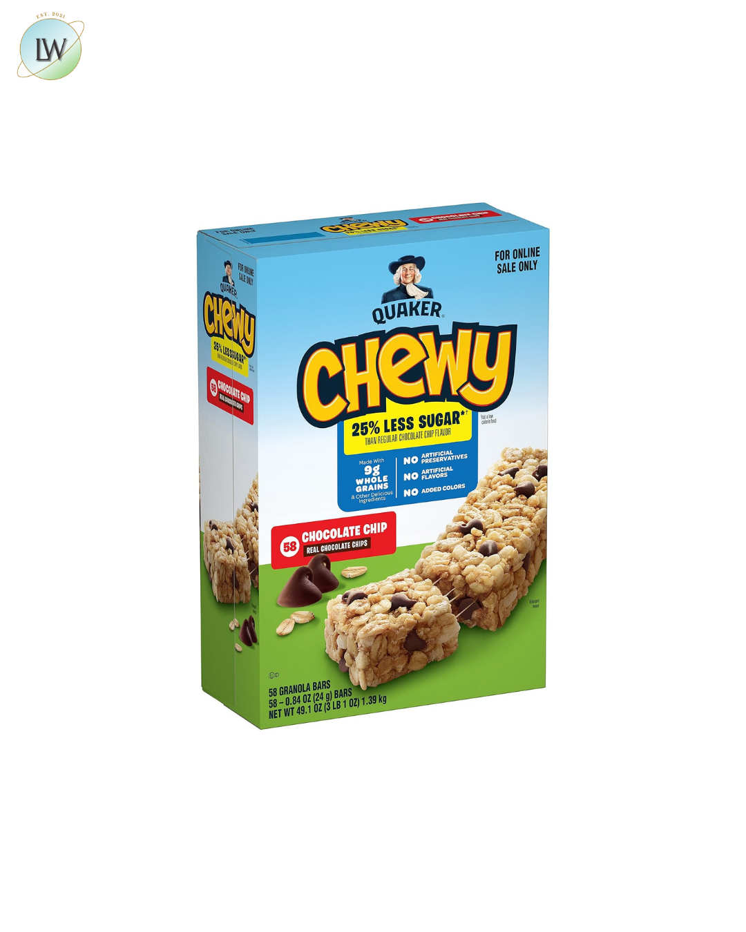 Quaker Chewy Lower Sugar Granola Bars, Chocolate Chip, 0.84 oz, 58 ct.
