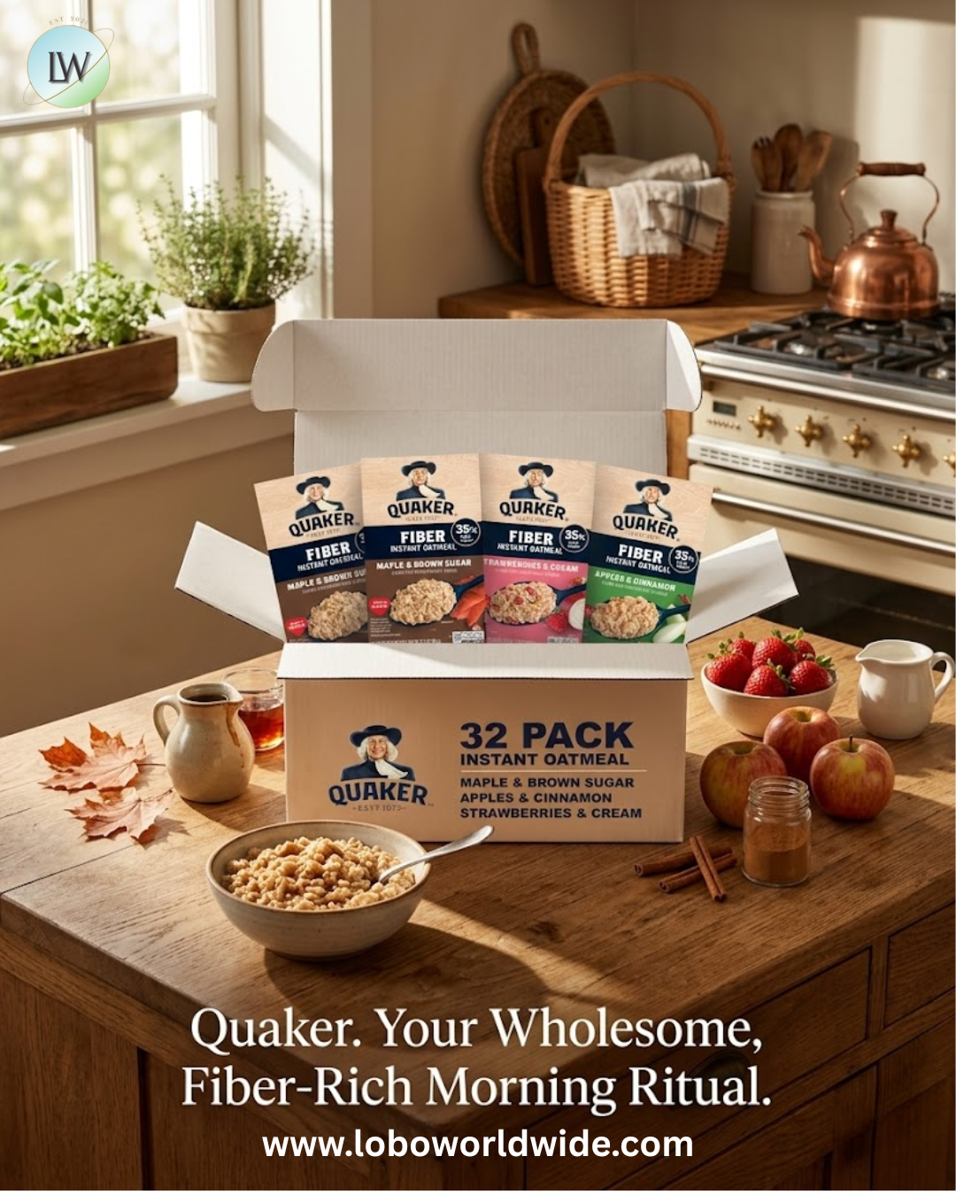 Quaker Instant Oatmeal, Fiber Boost, 3 Flavor Variety pack, 32 Count