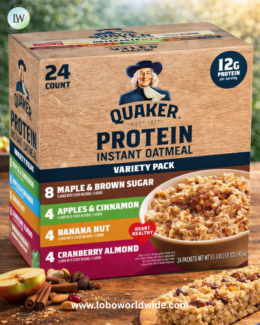 Quaker Instant Oatmeal, Protein 4 Flavor Variety Pack, 7g+ Protein, Individual Packets, 24 Count